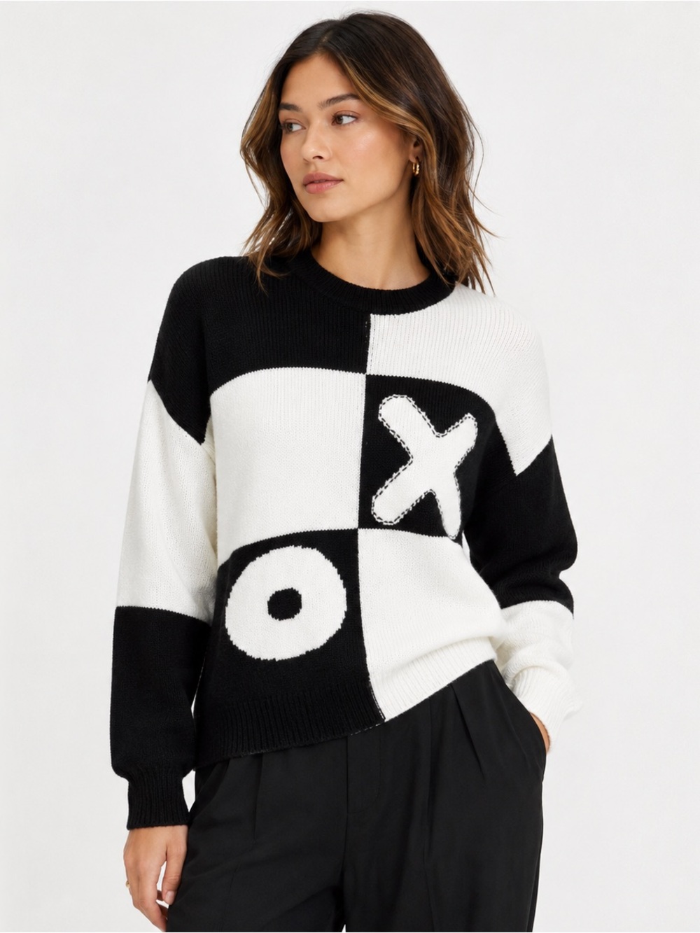 NWT STAUD XO Tic Tac Toe Wool Blend Crewneck Sweater S Black White Women’s